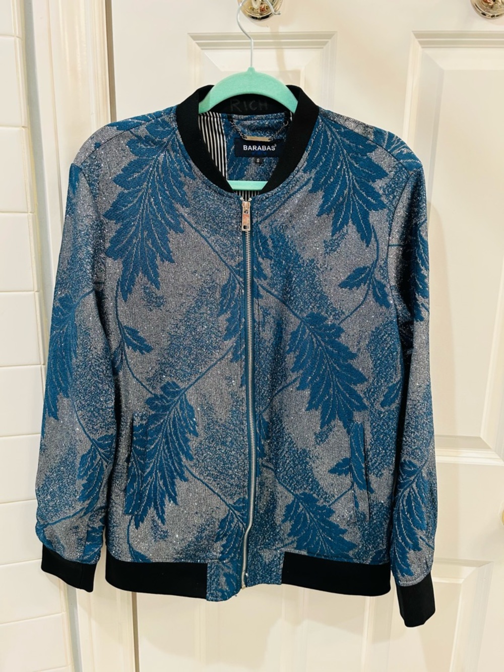 BARABAS Metallic Blue & Silver Floral Jacquard Bomber Zip Up Jacket - Size Small - Picture 2 of 12